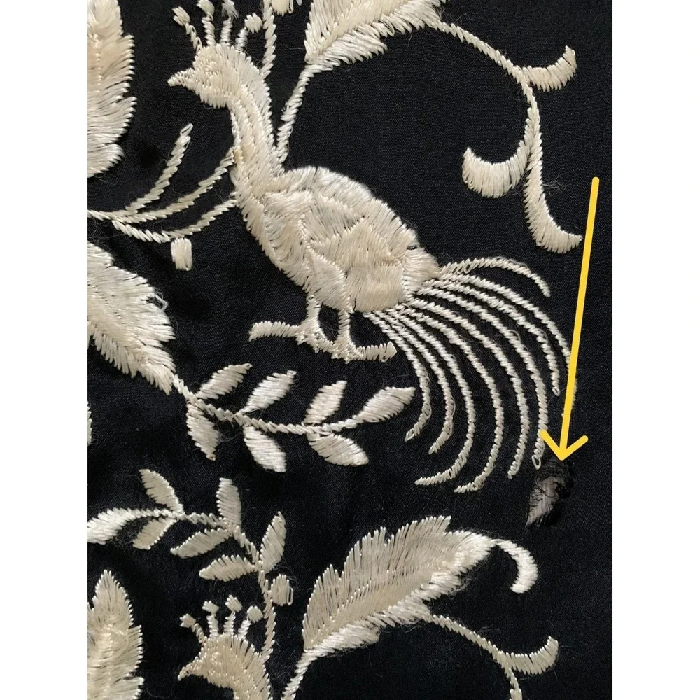 Antique Black Ivory Silk Floral w Peacocks Embroidered Manila Fashion Shawl READ